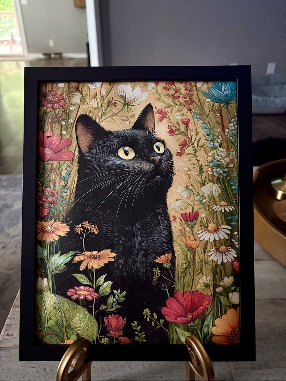 Black Cat Floral Art Print - Framed Wall Decor
